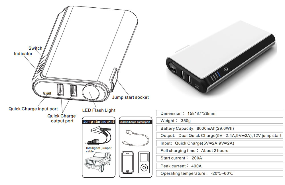 8000mAh mini car starter power pack CARKU EPower-116 specification