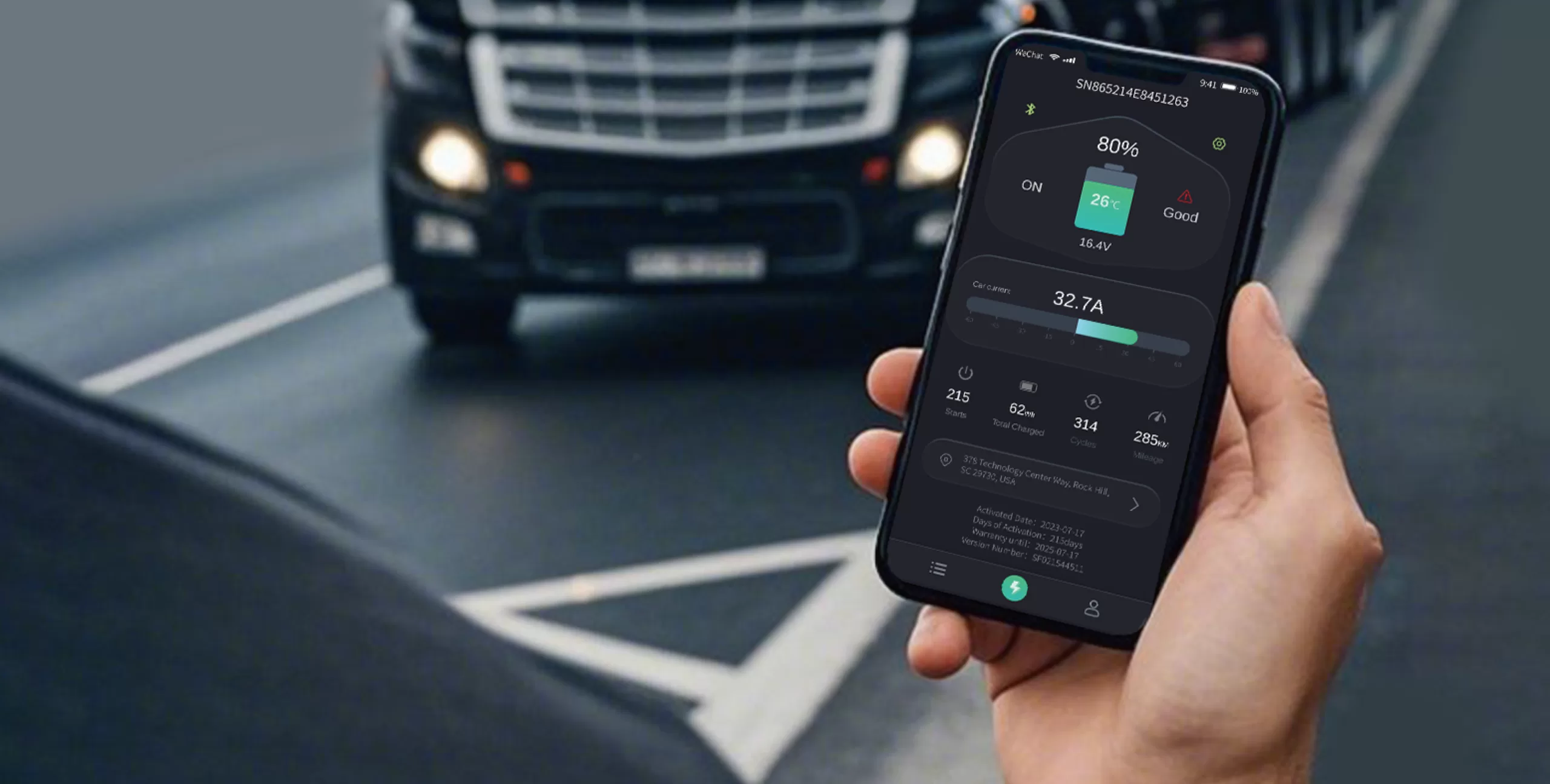 CB36 24V lithium starting battery status monitoring through CARKU Battery App
