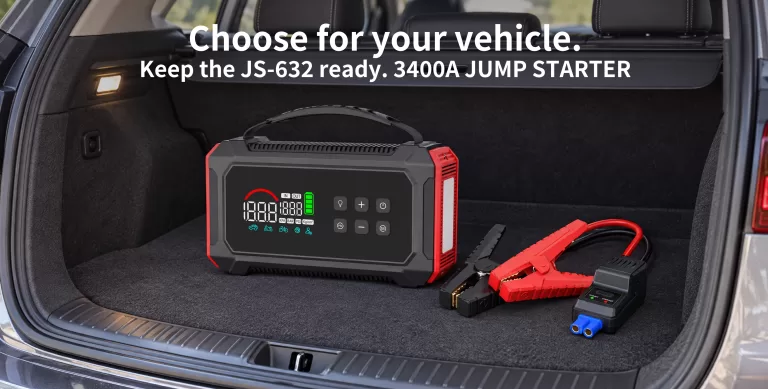 Carku JS-632 3400A jump starter with air compressor stored in a car trunk, ready for emergency use