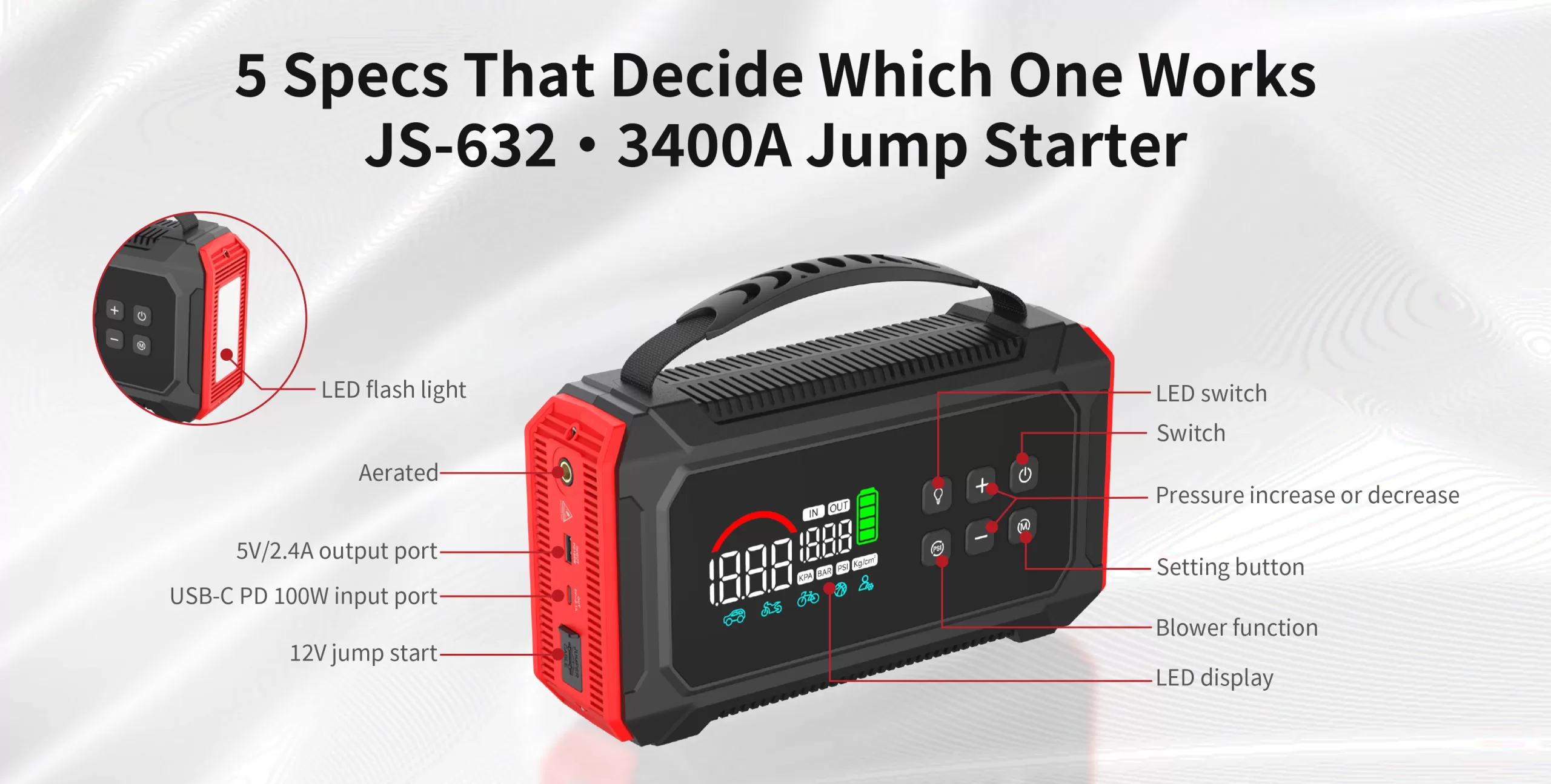 Five specs that matter most when choosing a jump starter with air compressor, and where to find them on the unit.