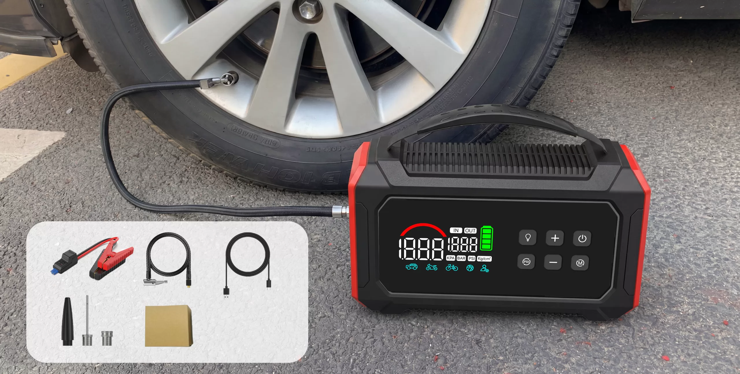 Carku JS-632 jump starter with air compressor inflating a car tire, air hose connected to the tire valve and pressure shown on the display